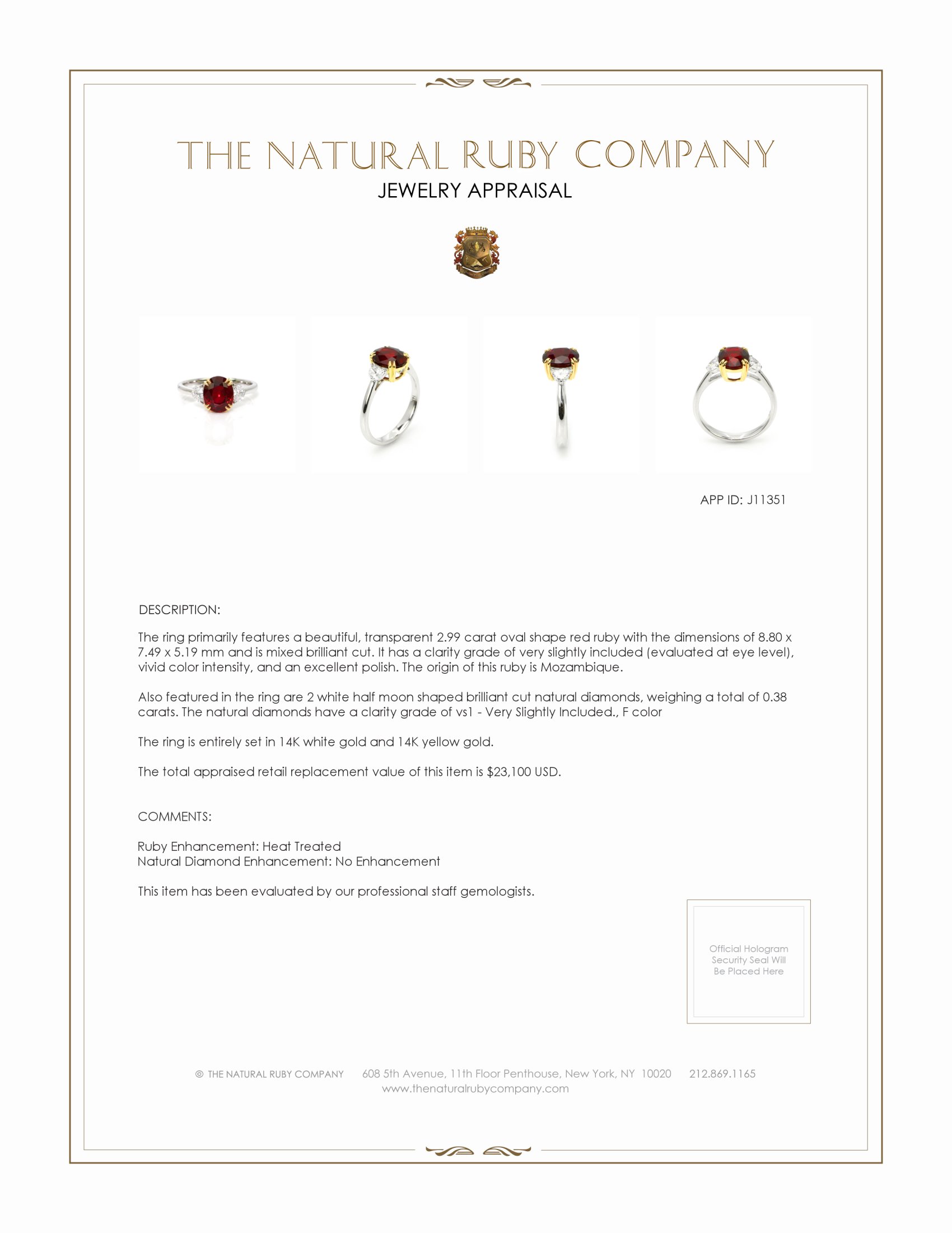 3.01 Ct. Ruby and Natural Diamond Three Stone Ring, 14K White Gold