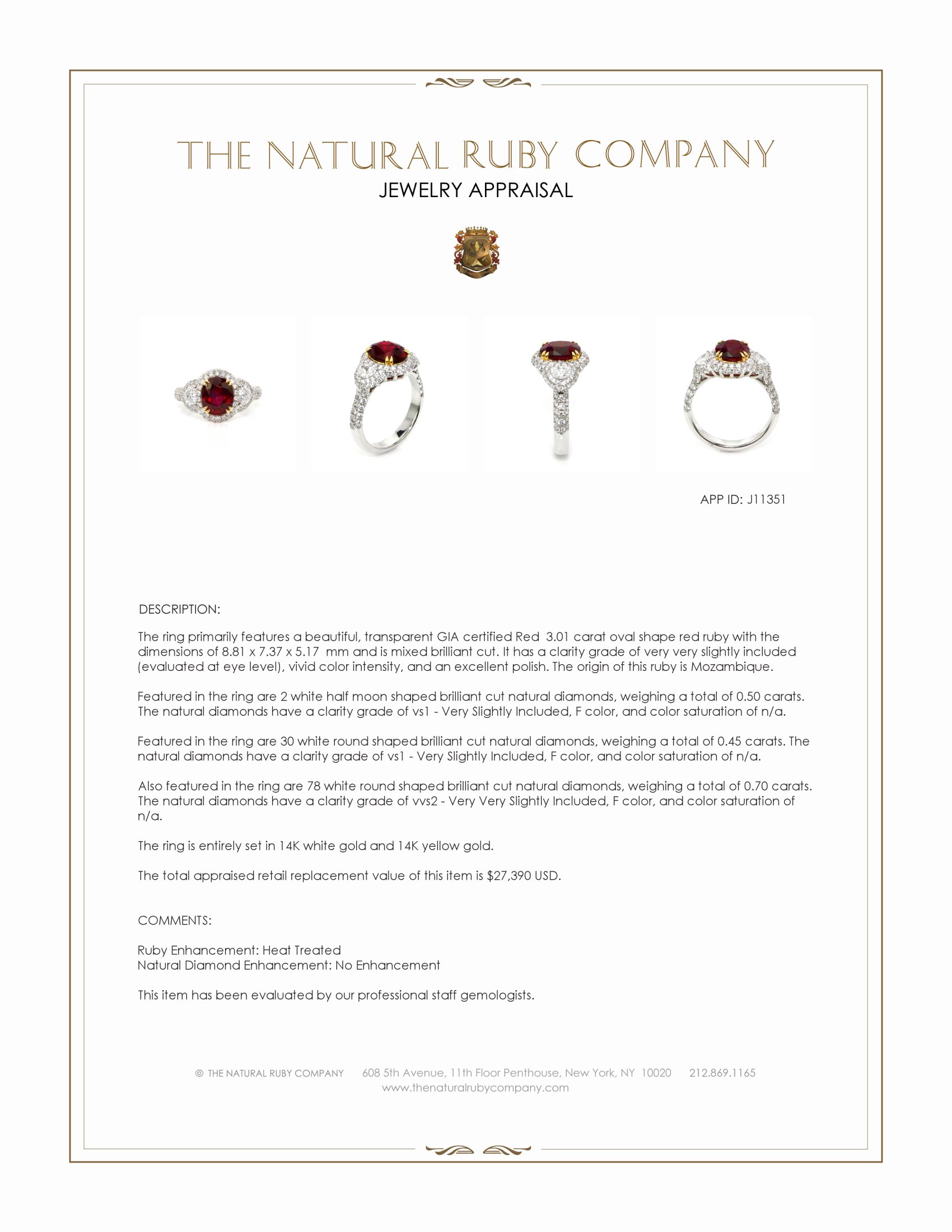 3.01 Ct. Ruby and Natural Diamond Three Stone Ring, 14K White & Yellow