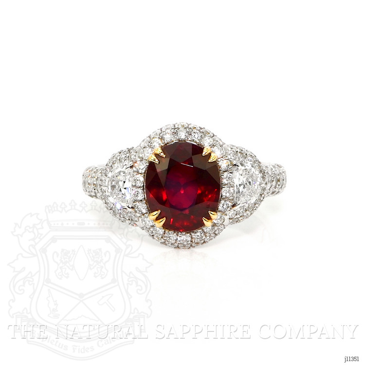 3.01 Ct. Ruby and Natural Diamond Three Stone Ring, 14K White & Yellow