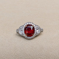 3.01 Ct. Ruby and Natural Diamond Three Stone Ring, 14K White & Yellow Life Style
