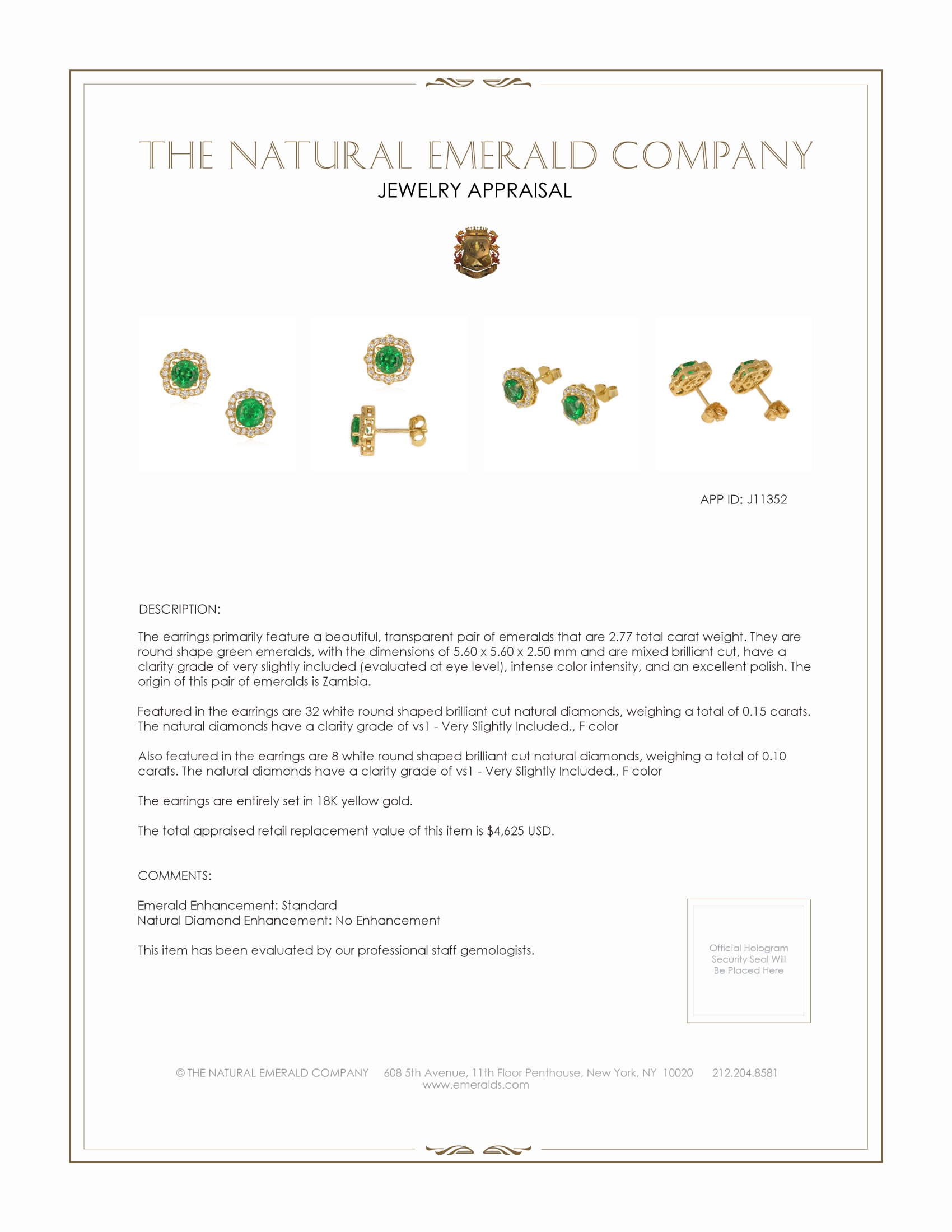 2.77 Ct.Tw. Emerald Natural Diamond Pave Earrings, 18K Yellow Gold