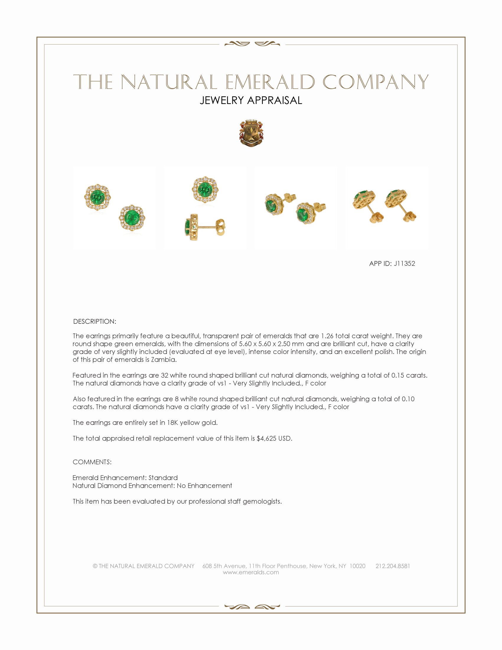 1.26 Ct.Tw. Emerald and Natural Diamond Studs Earrings, 18K Yellow Gold