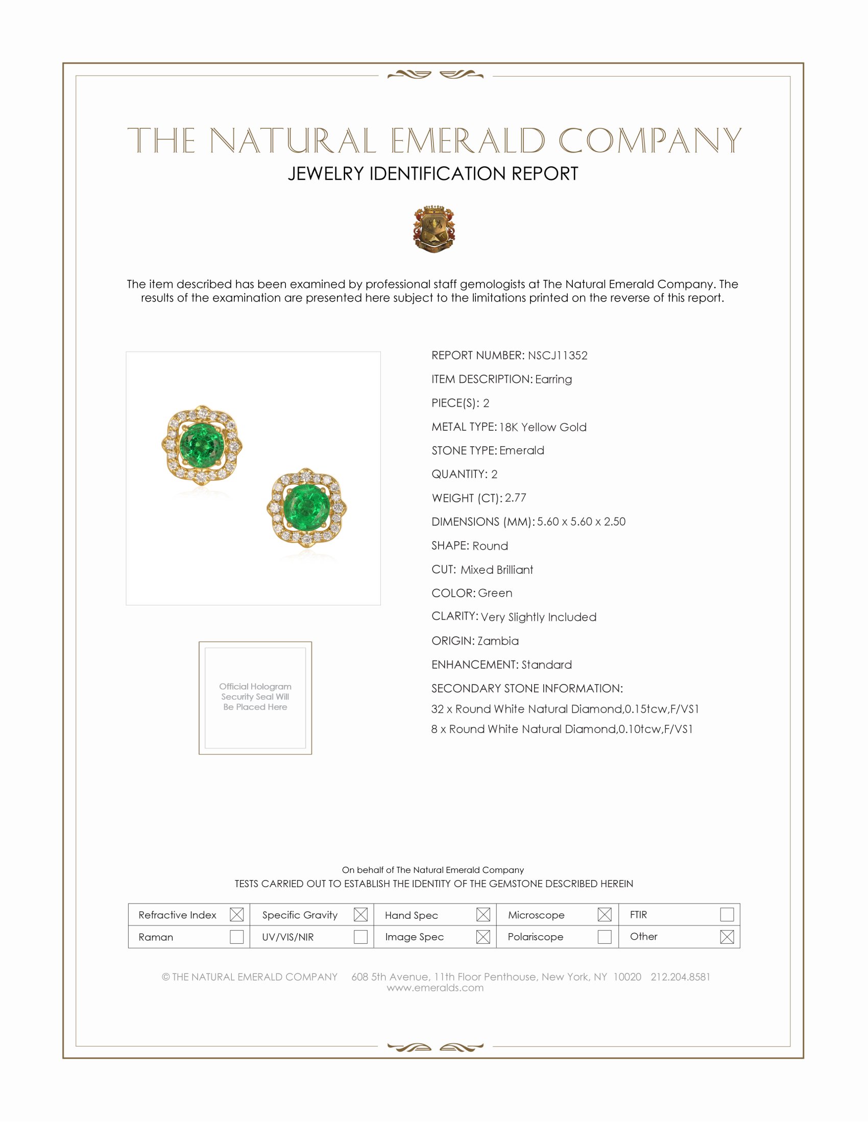 2.77 Ct.Tw. Emerald Natural Diamond Pave Earrings, 18K Yellow Gold
