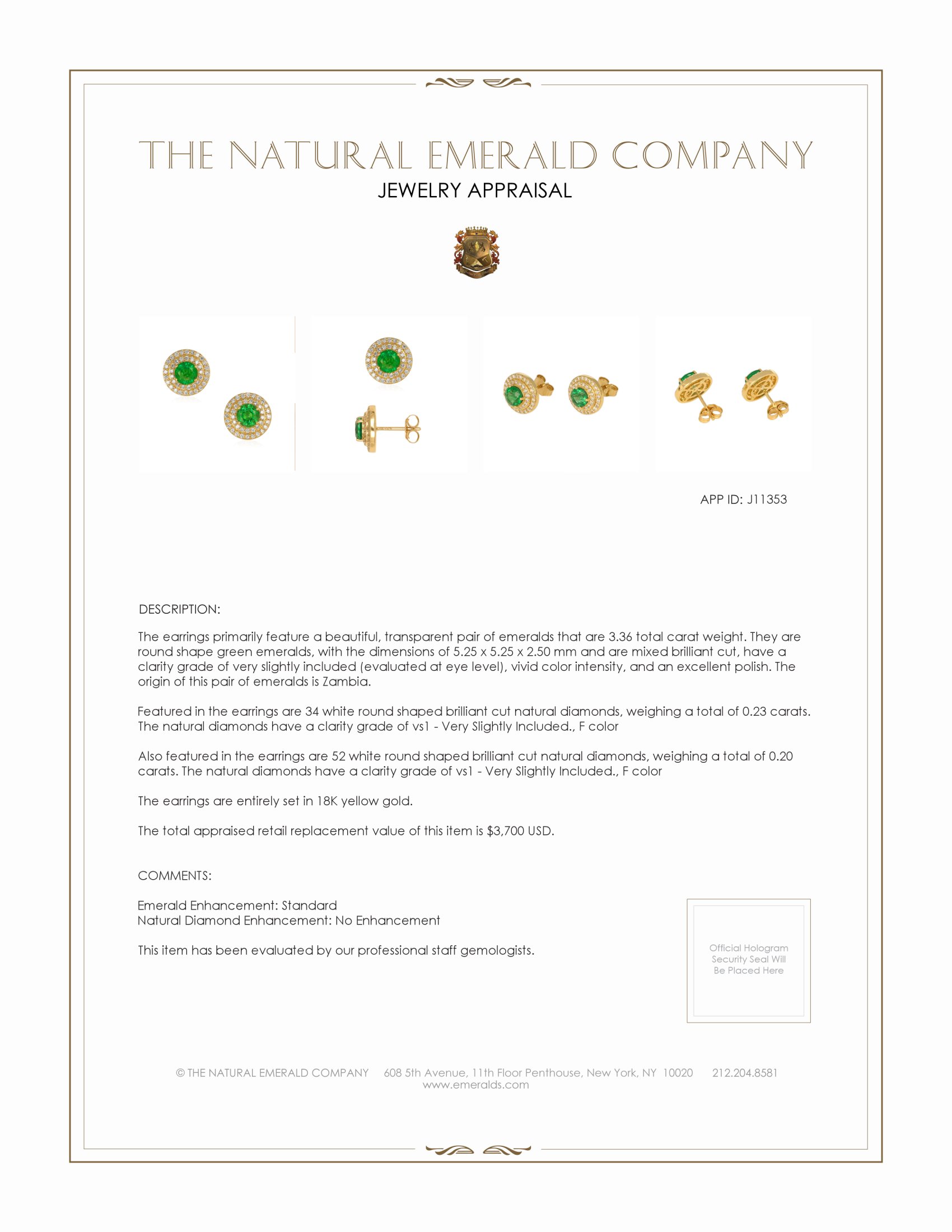 3.36 Ct.Tw. Emerald Natural Diamond Pave Earrings, 18K Yellow Gold