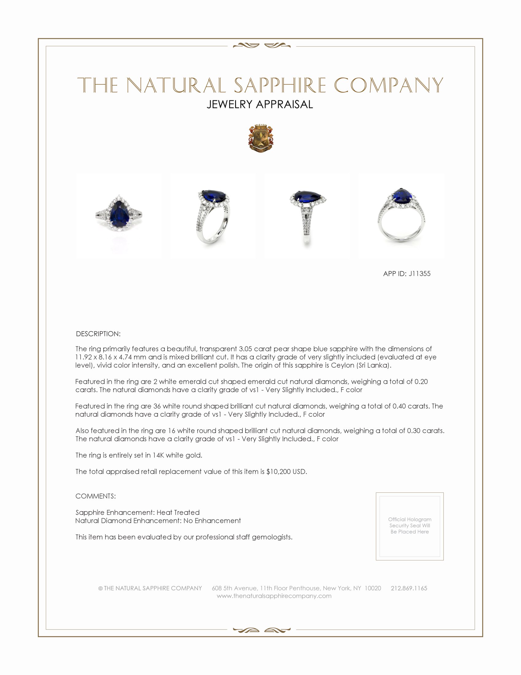 3.05 Ct. Blue Sapphire and Natural Diamond Pave Ring, 14K White Gold