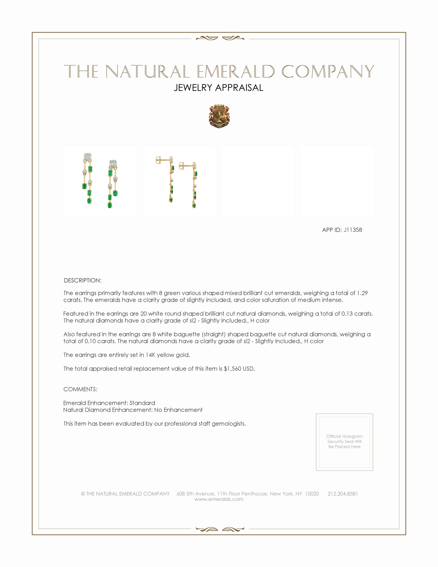 1.29 Ct.Tw. Emerald Natural Diamond Drops Earrings, 14K Yellow Gold