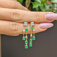 1.29 Ct.Tw. Emerald Natural Diamond Drops Earrings, 14K Yellow Gold Life Style