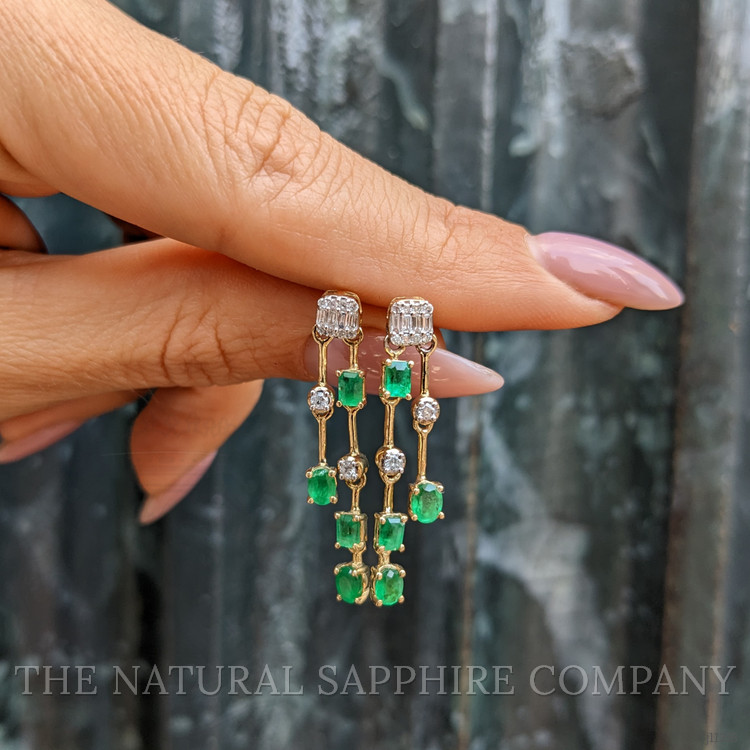 1.29 Ct.Tw. Emerald Natural Diamond Drops Earrings, 14K Yellow Gold