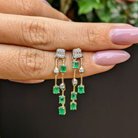 1.29 Ct.Tw. Emerald Natural Diamond Drops Earrings, 14K Yellow Gold Life Style
