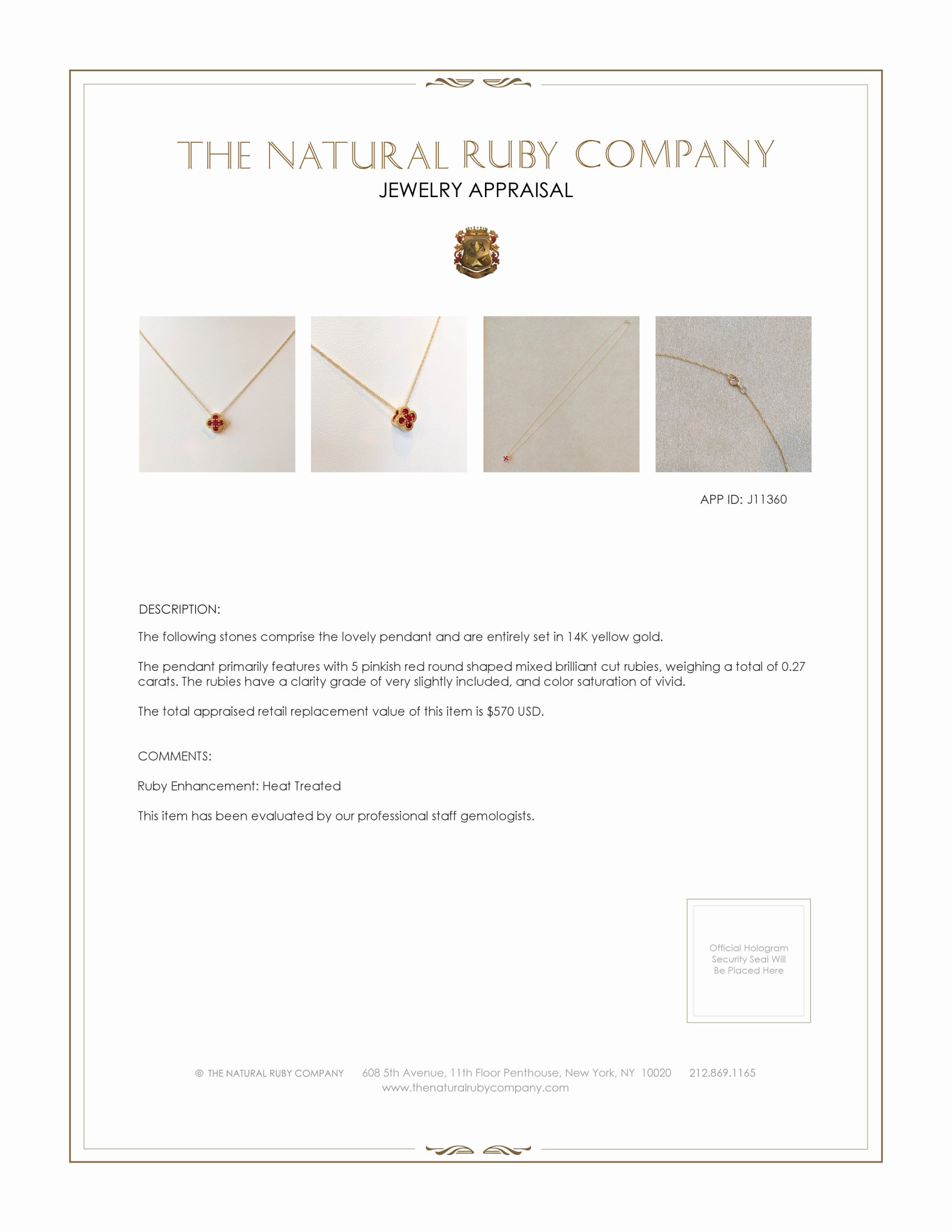 0.27 Ct. Ruby Accent Stones Pendant, 14K Yellow Gold