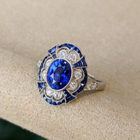 2.12 Ct. Blue Sapphire and Natural Diamond Pave Ring, Platinum 950 Image