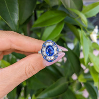 2.12 Ct. Blue Sapphire and Natural Diamond Pave Ring, Platinum 950 Life Style