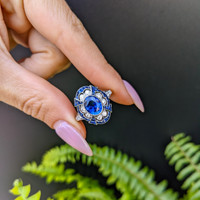 2.12 Ct. Blue Sapphire and Natural Diamond Pave Ring, Platinum 950 Life Style