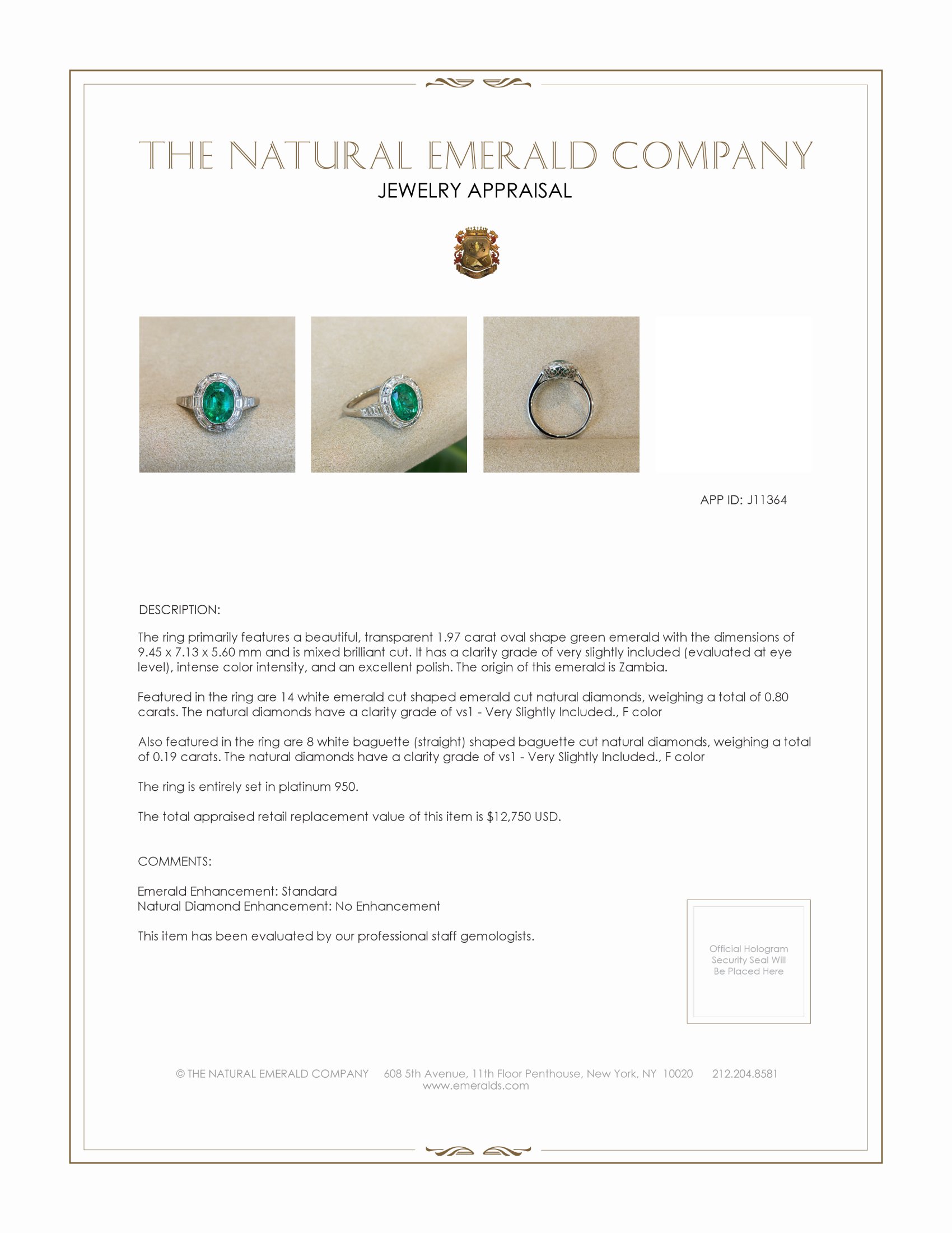 1.97 Ct. Emerald Natural Diamond Pave Ring, Platinum 950