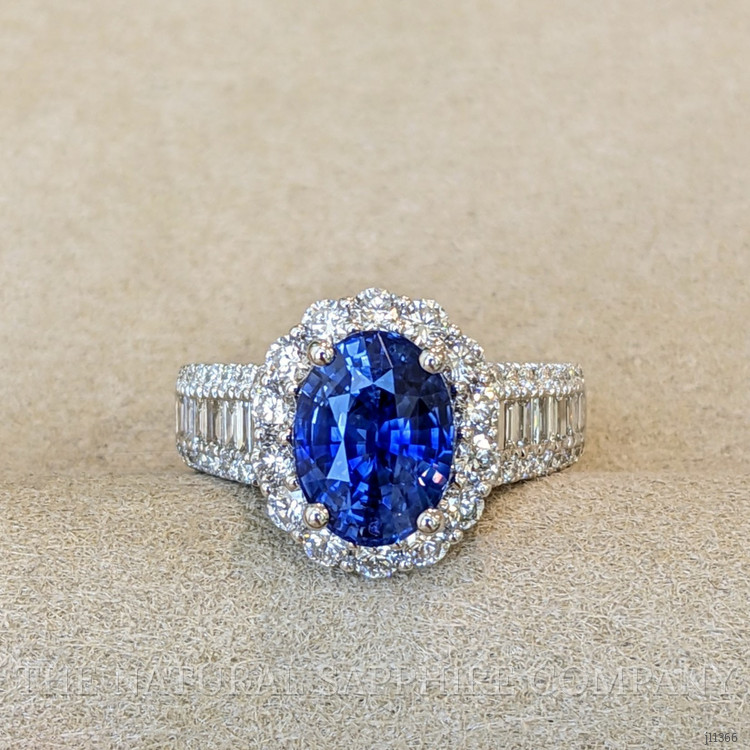 3.03 Ct. Blue Sapphire and Natural Diamond Pave Ring, 18K White Gold