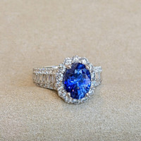 3.03 Ct. Blue Sapphire and Natural Diamond Pave Ring, 18K White Gold Image