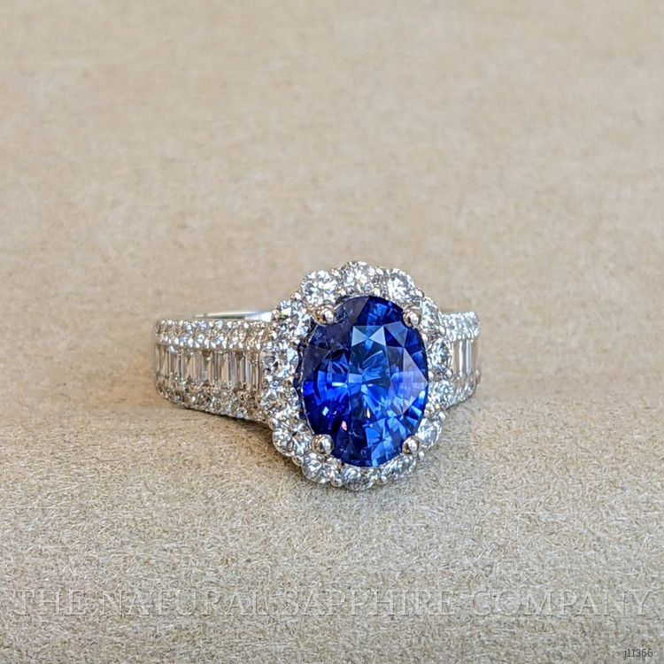 3.03 Ct. Blue Sapphire and Natural Diamond Pave Ring, 18K White Gold