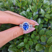 3.03 Ct. Blue Sapphire and Natural Diamond Pave Ring, 18K White Gold Life Style