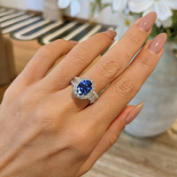 3.03 Ct. Blue Sapphire and Natural Diamond Pave Ring, 18K White Gold Life Style
