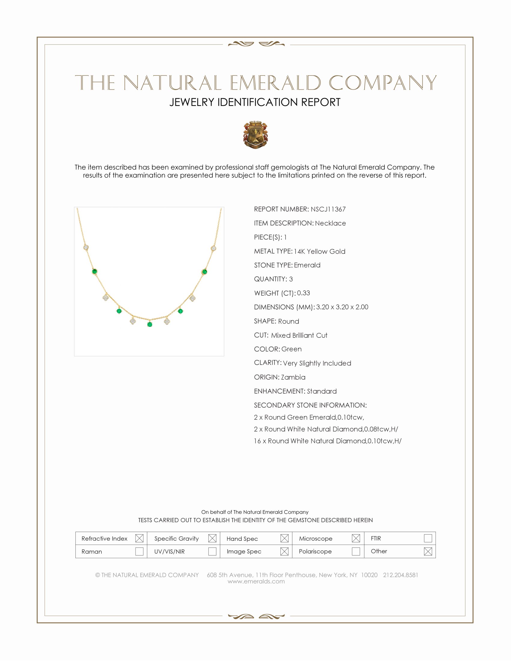 0.33 Ct. Emerald and Natural Diamond Accent Stones Necklace, 14K Yellow Gold
