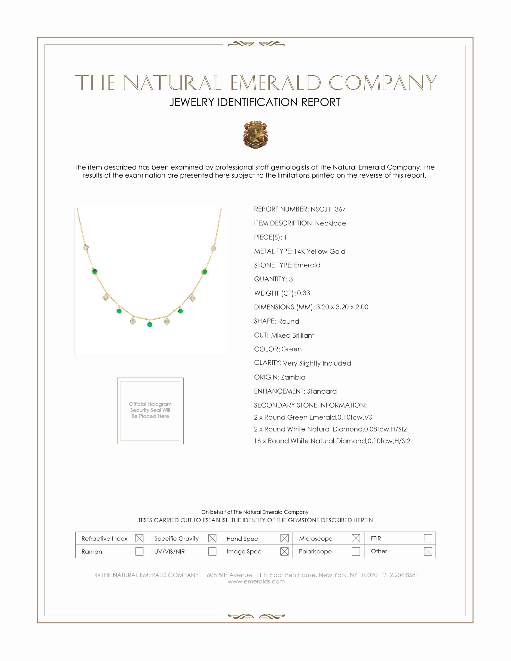 0.33 Ct. Emerald Emerald Accent Stones Necklace, 14K Yellow Gold