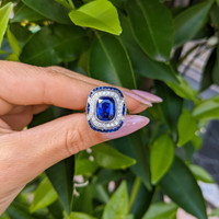 4.03 Ct. Blue Sapphire and Natural Diamond Pave Ring, Platinum 950 Life Style