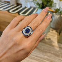 4.03 Ct. Blue Sapphire and Natural Diamond Pave Ring, Platinum 950 Life Style
