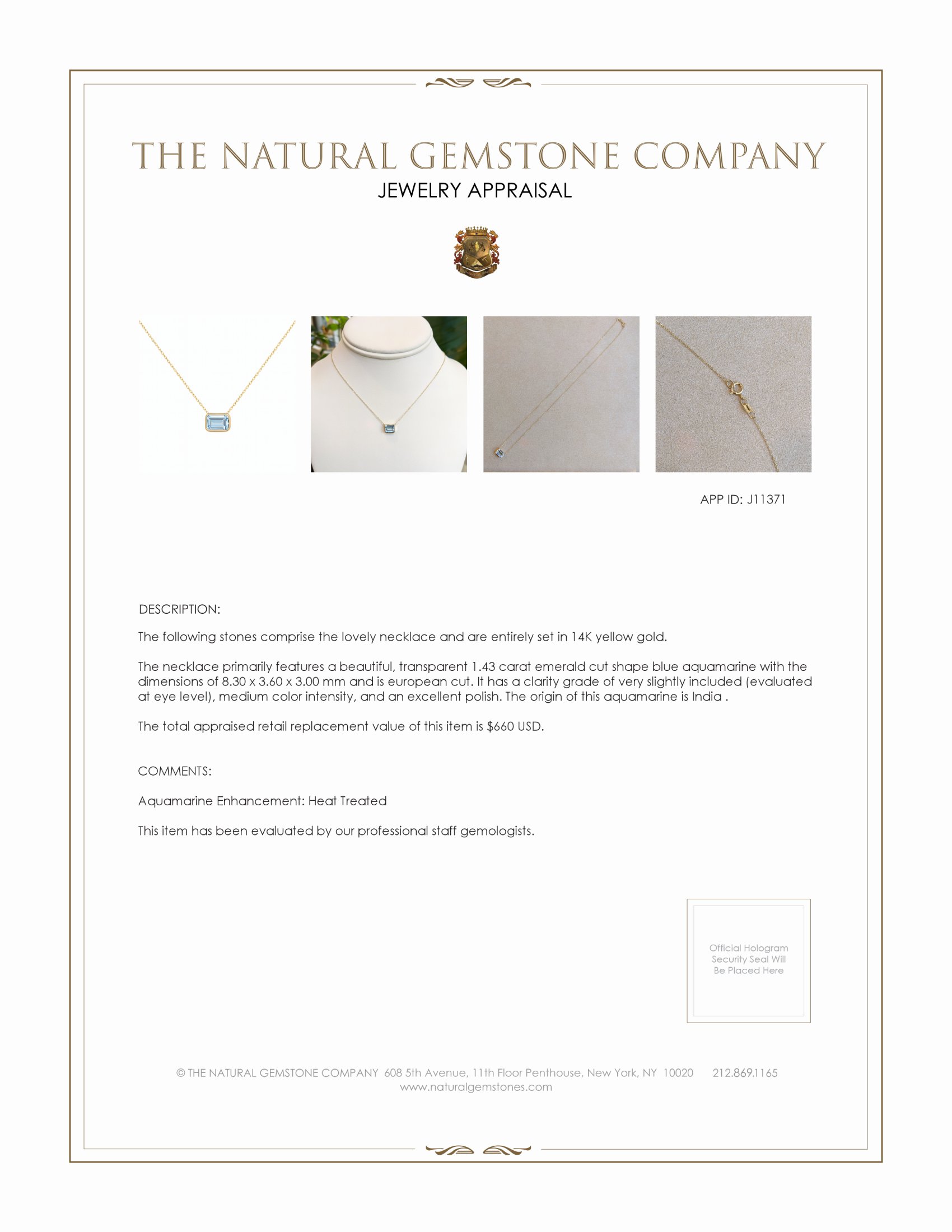 1.43 Ct. Aquamarine Bezel Necklace, 14K Yellow Gold