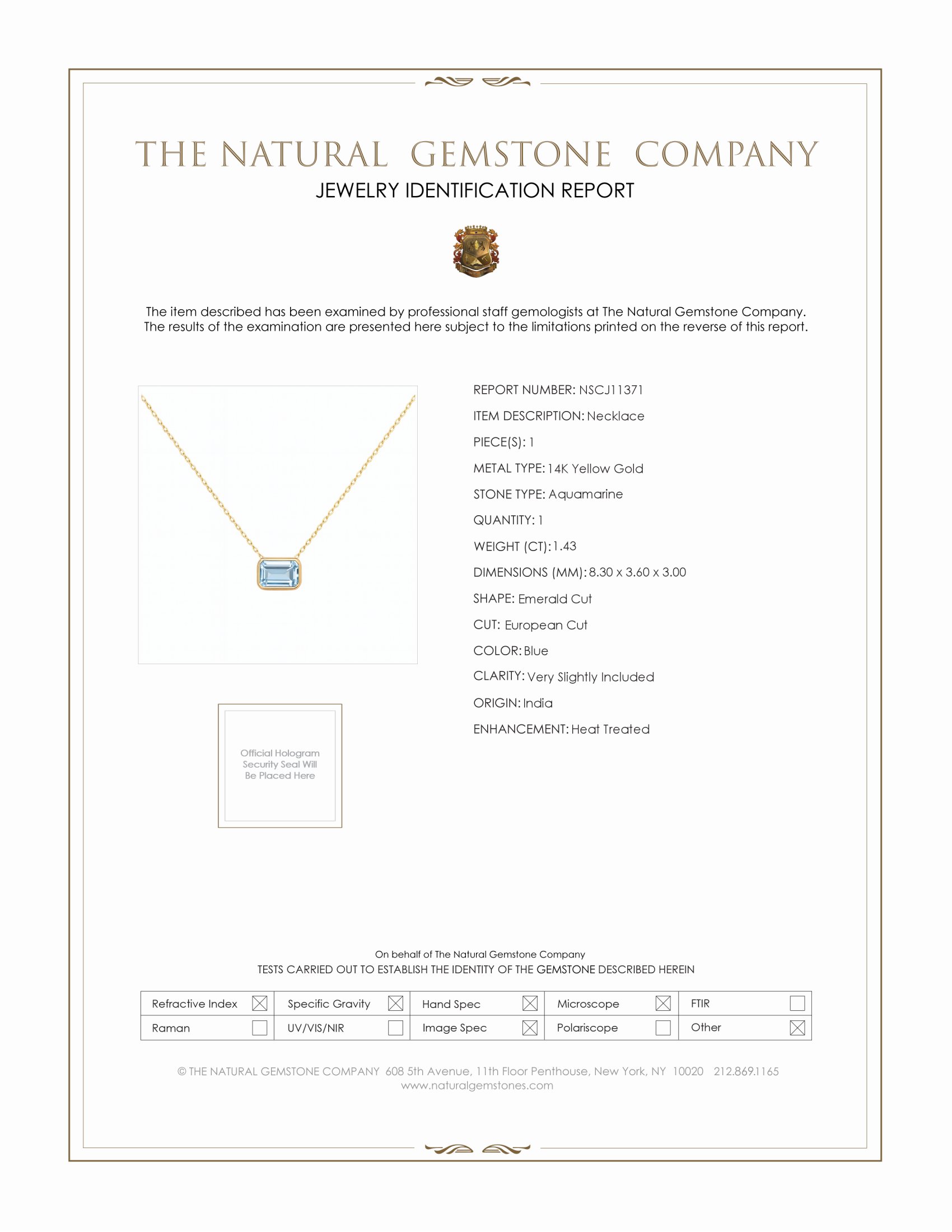 1.43 Ct. Aquamarine Bezel Necklace, 14K Yellow Gold