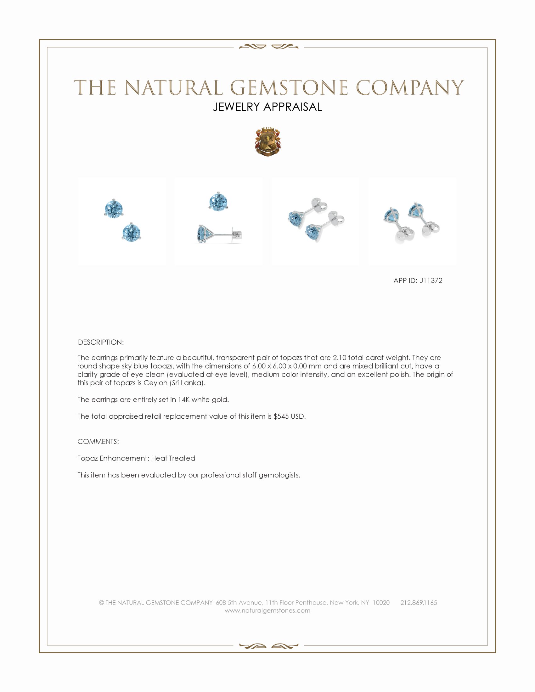 2.10 Ct.Tw. Sky Blue Topaz Studs Earrings, 14K White Gold