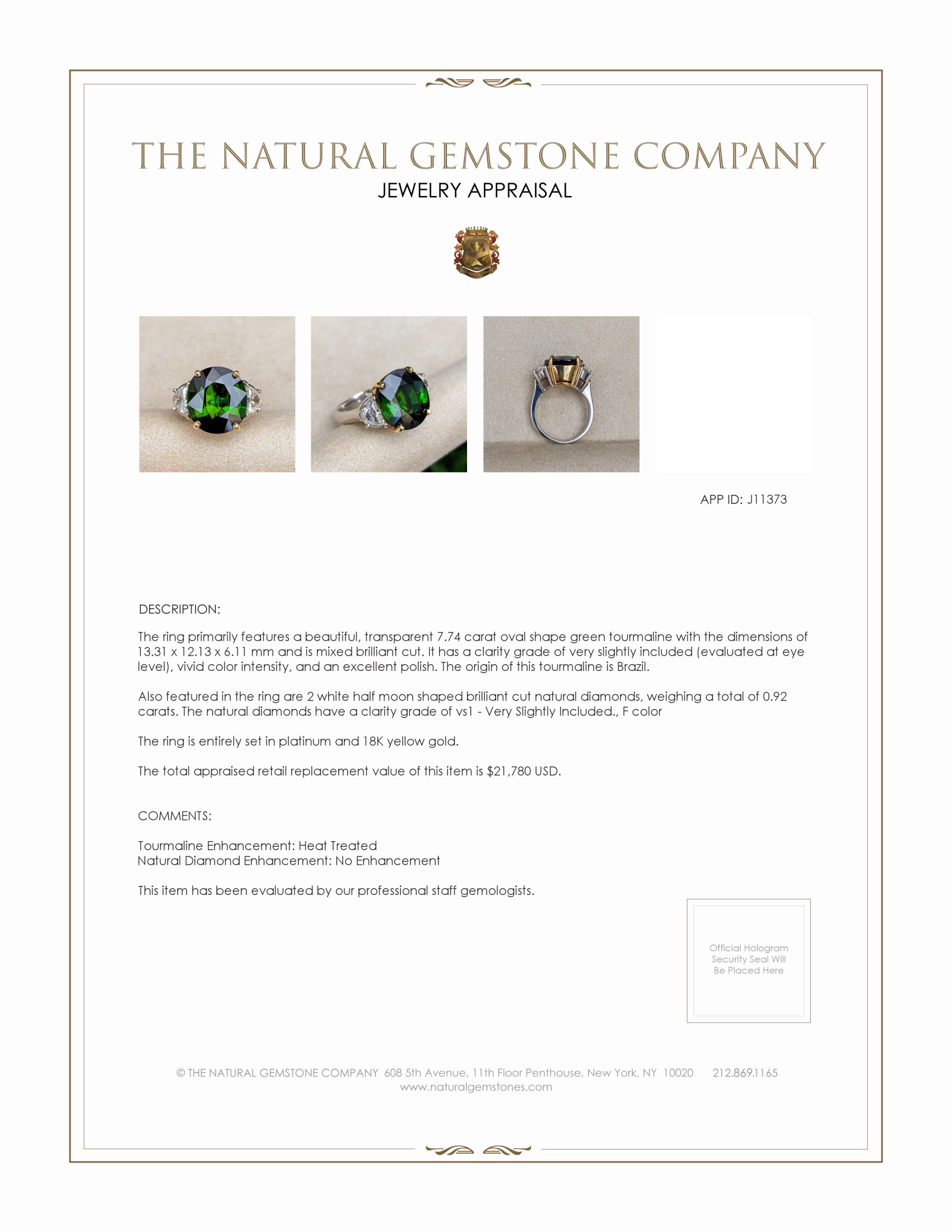 7.74 Ct. Green Tourmaline and Natural Diamond Three Stone Ring, Platinum & 18K Yellow