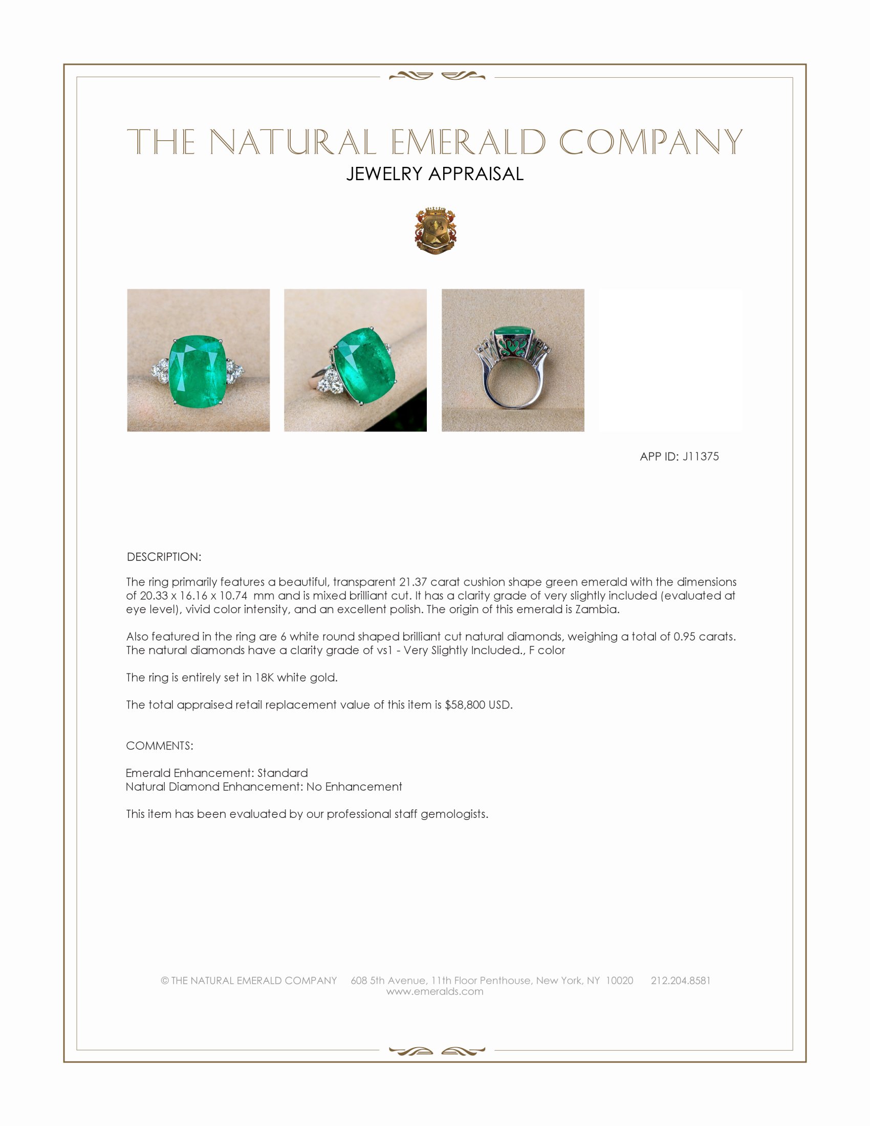 21.37 Ct. Emerald and Natural Diamond Three Stone Ring, 18K White Gold