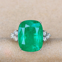 21.37 Ct. Emerald Natural Diamond Three Stone Ring, 18K White Gold Image