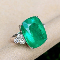 21.37 Ct. Emerald Natural Diamond Three Stone Ring, 18K White Gold Image