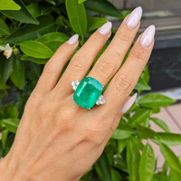 21.37 Ct. Emerald Natural Diamond Three Stone Ring, 18K White Gold Life Style