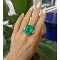 21.37 Ct. Emerald Natural Diamond Three Stone Ring, 18K White Gold Life Style