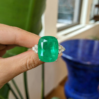 21.37 Ct. Emerald Natural Diamond Three Stone Ring, 18K White Gold Life Style