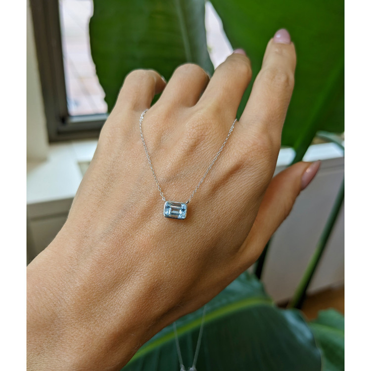0.84 Ct. Aquamarine Bezel Necklace, 14K White Gold