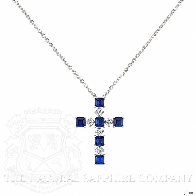 0.88 Ct. Blue Sapphire and Natural Diamond Religious Necklace, 14K White Gold