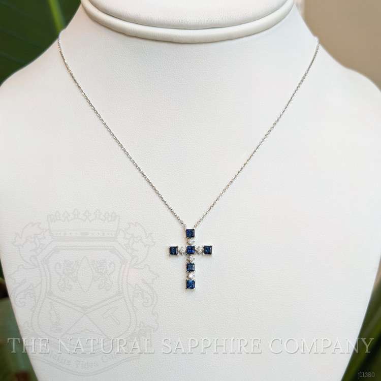 0.88 Ct. Blue Sapphire and Natural Diamond Religious Necklace, 14K White Gold