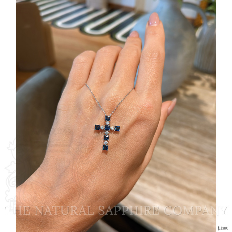 0.88 Ct. Blue Sapphire and Natural Diamond Religious Necklace, 14K White Gold