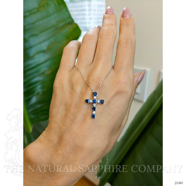 0.88 Ct. Blue Sapphire and Natural Diamond Religious Necklace, 14K White Gold