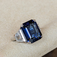 10.24 Ct. Blue Sapphire and Natural Diamond Three Stone Ring, Platinum 950 Image