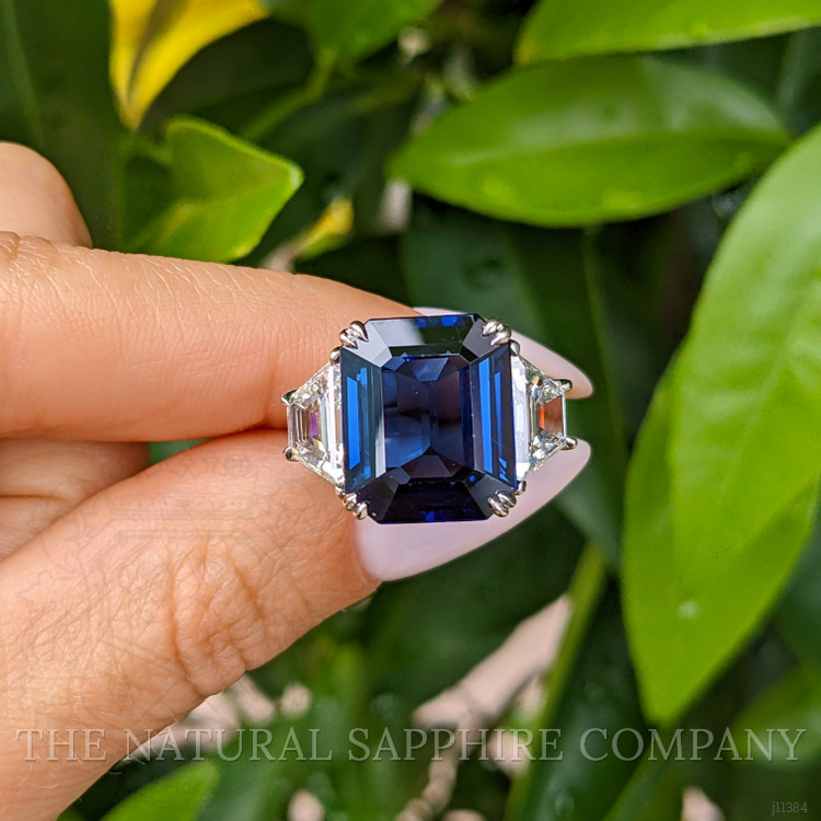 10.24 Ct. Blue Sapphire and Natural Diamond Three Stone Ring, Platinum 950