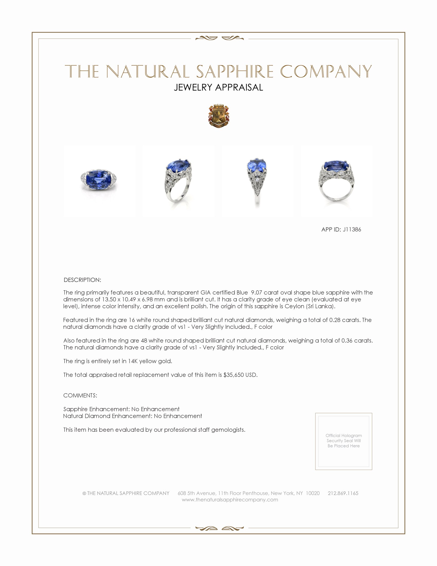 9.07 Ct. Blue Sapphire and Natural Diamond Antique Style Ring, 14K Yellow Gold