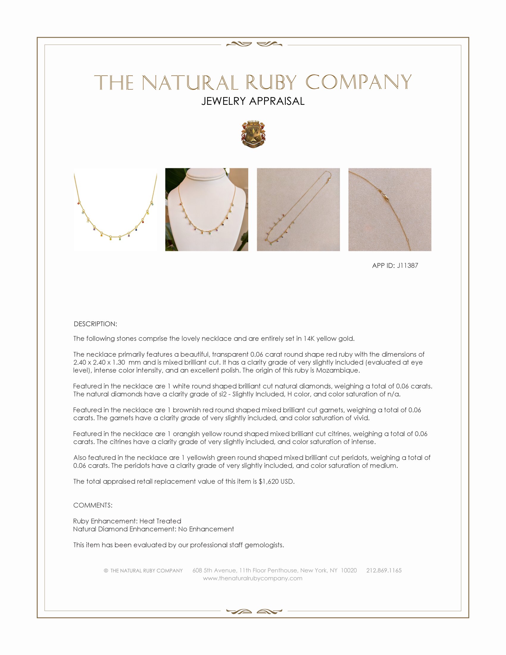 0.29 Ct.Tw. Aquamarine, Ruby, Sapphire, Emerald, Natural Diamond, Garnet, Citrine and Peridot Multi Stone Necklace, 14K Yellow Gold