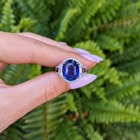 7.09 Ct. Blue Sapphire and Natural Diamond Pave Ring, Platinum 950 Life Style