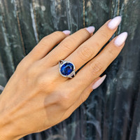 7.09 Ct. Blue Sapphire and Natural Diamond Pave Ring, Platinum 950 Life Style