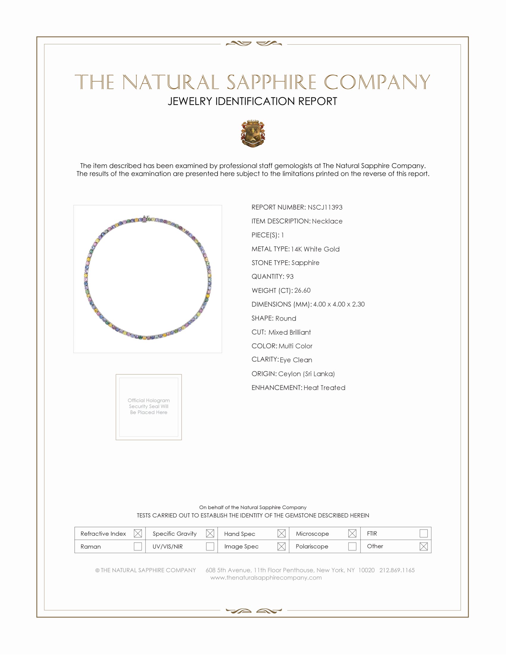 26.60 Ct. Multi Color Sapphire Tennis/Riviere Necklace, 14K White Gold