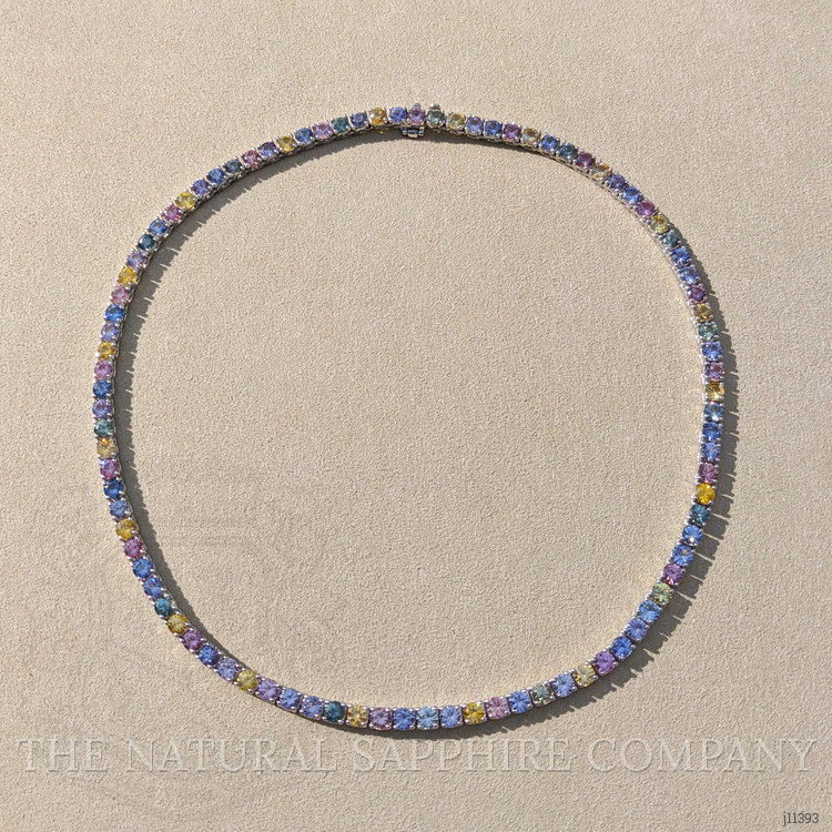 26.60 Ct. Multi Color Sapphire Multi Stone Necklace, 14K White Gold